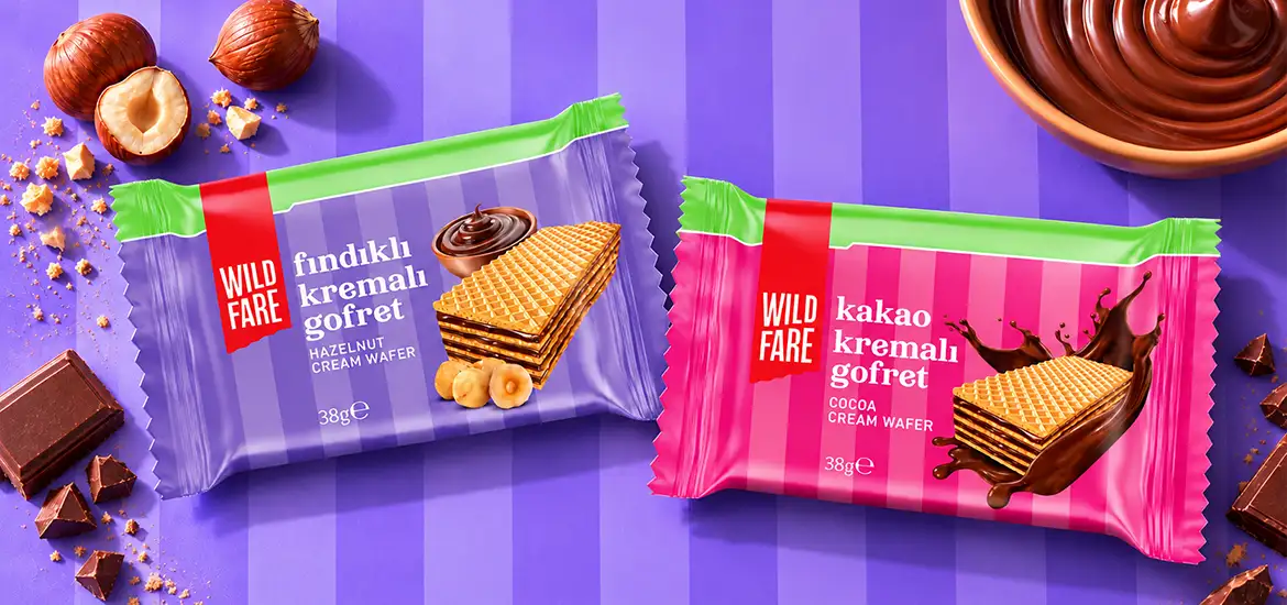 Gratis Wildfare fındıklı ve kakao kremalı gofret esnek ambalaj tasarımı