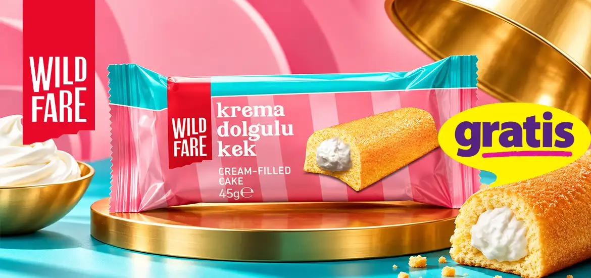 Gratis Wildfare krema dolgulu kek paketi ve ambalaj tasarımı 3D podyum görseli
